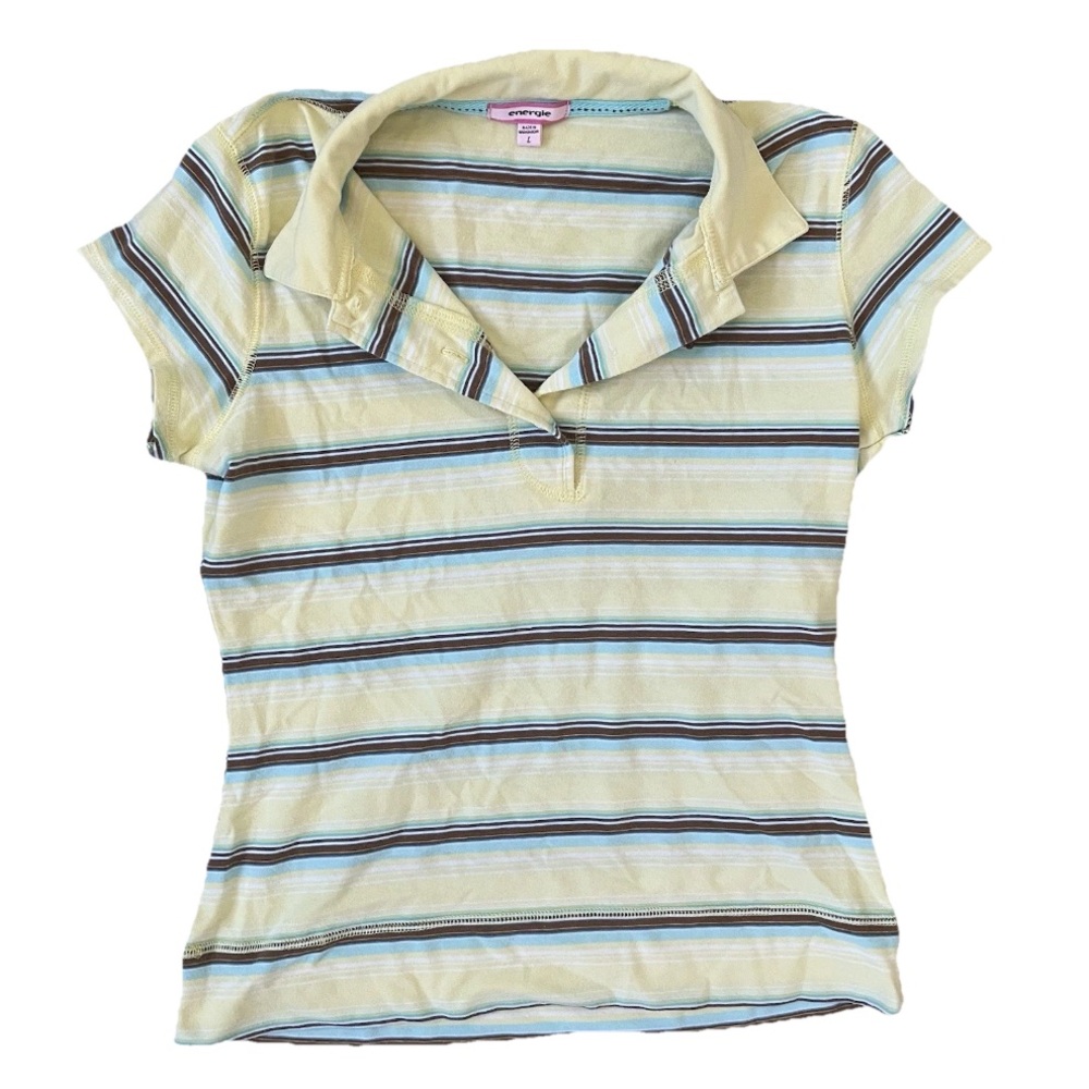 Energie Girls Yellow Multicolor Striped Polo Collar Shirt Y2K Size Large Preppy
